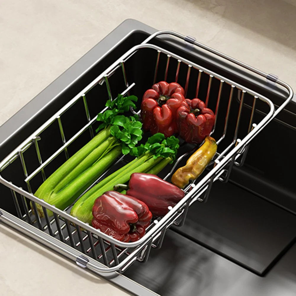 Kitchen Sink Drainer Basket Stainless Steel 34.5-45.5cm Adjustable Dish Drying Rack Organizer - 3
