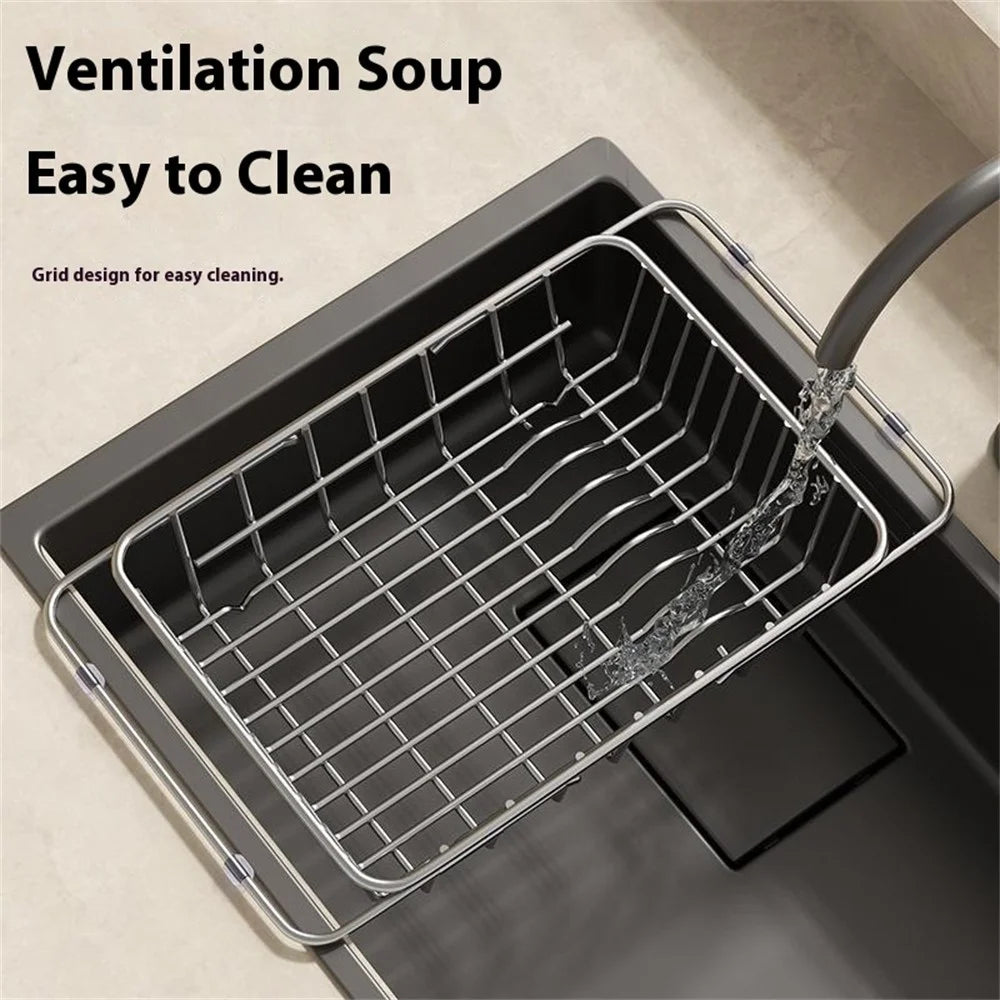 Kitchen Sink Drainer Basket Stainless Steel 34.5-45.5cm Adjustable Dish Drying Rack Organizer - 6