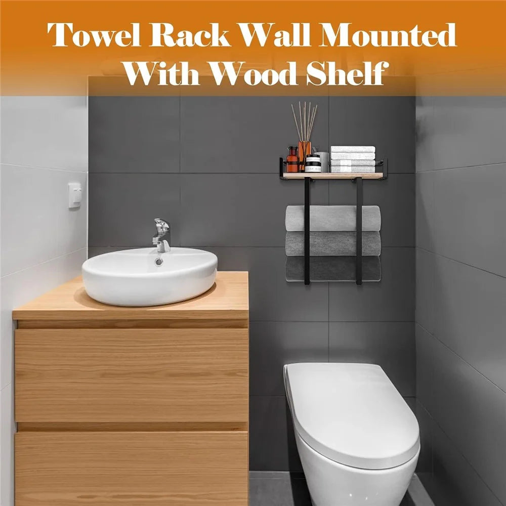 Space Saving Bathroom Metal Towel Rack Wall Mounted Towel Roll Storage Shelf with Wooden Board - Wood Color - 4