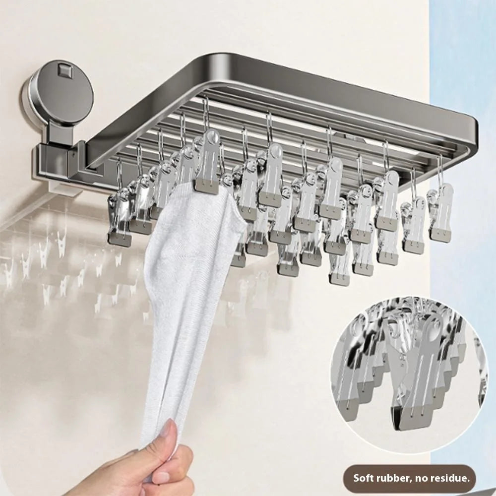 Folding Suction Cup Sock Drying Rack with 24 Clips Laundry Hanger for Socks / Underwear / Towels - Grey - 4