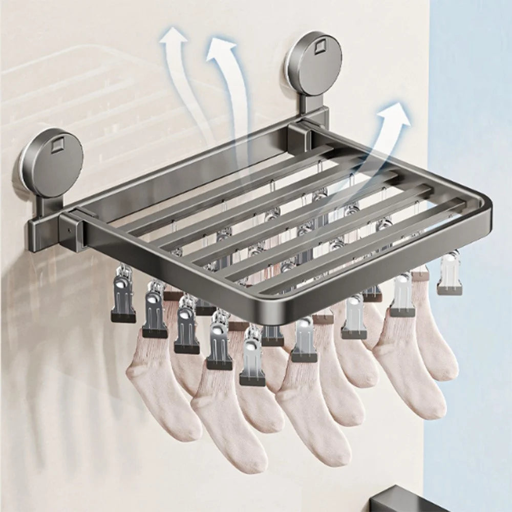 Folding Suction Cup Sock Drying Rack with 24 Clips Laundry Hanger for Socks / Underwear / Towels - Grey - 5