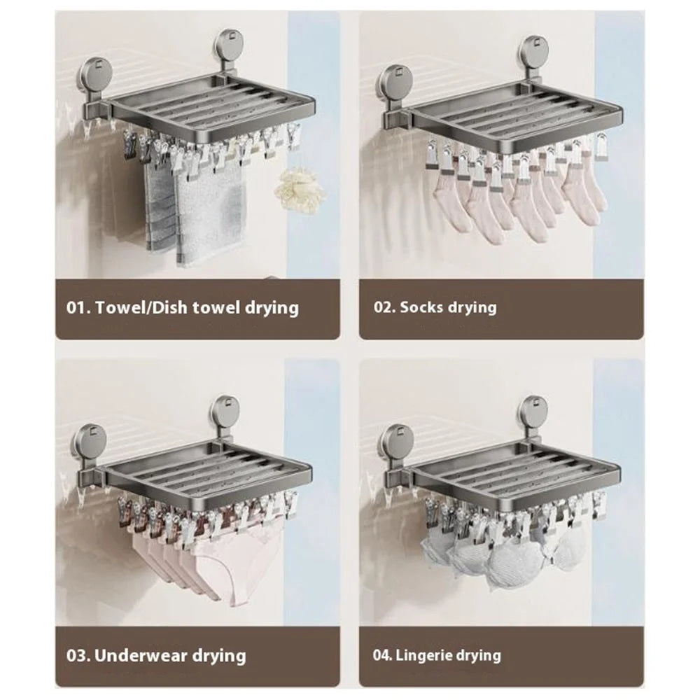 Folding Suction Cup Sock Drying Rack with 24 Clips Laundry Hanger for Socks / Underwear / Towels - Grey - 7
