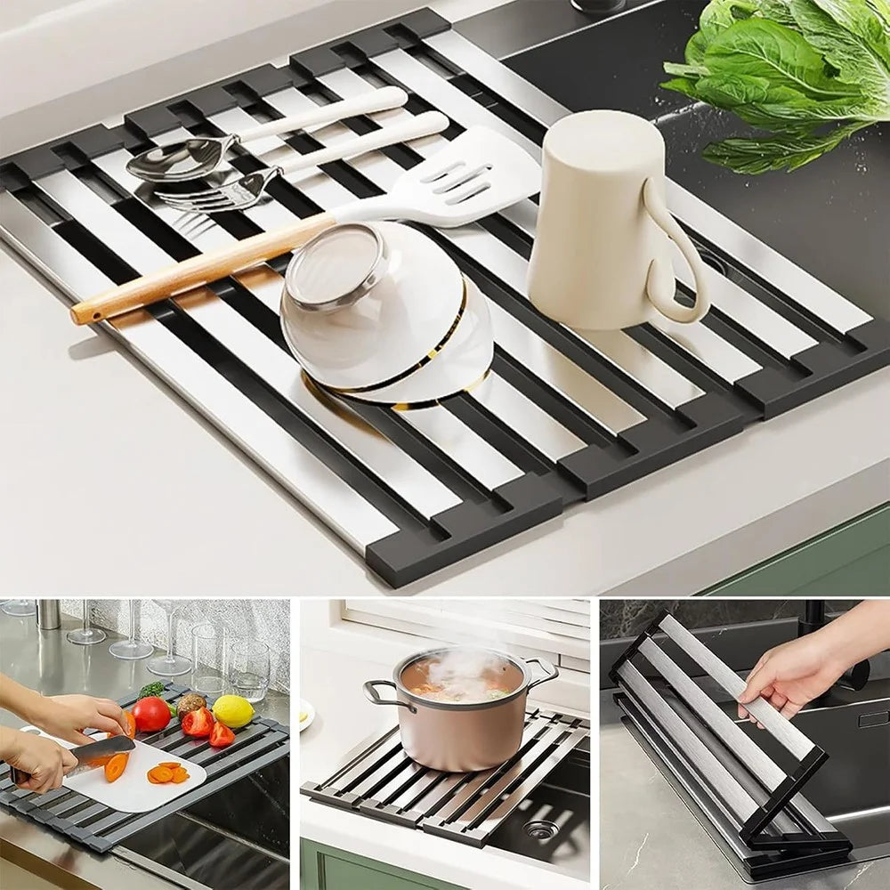 Foldable Extendable Over Sink Dish Drying Rack 304 Stainless Steel Kitchen Organizer Storage Shelf 55 x 32.5cm - 7