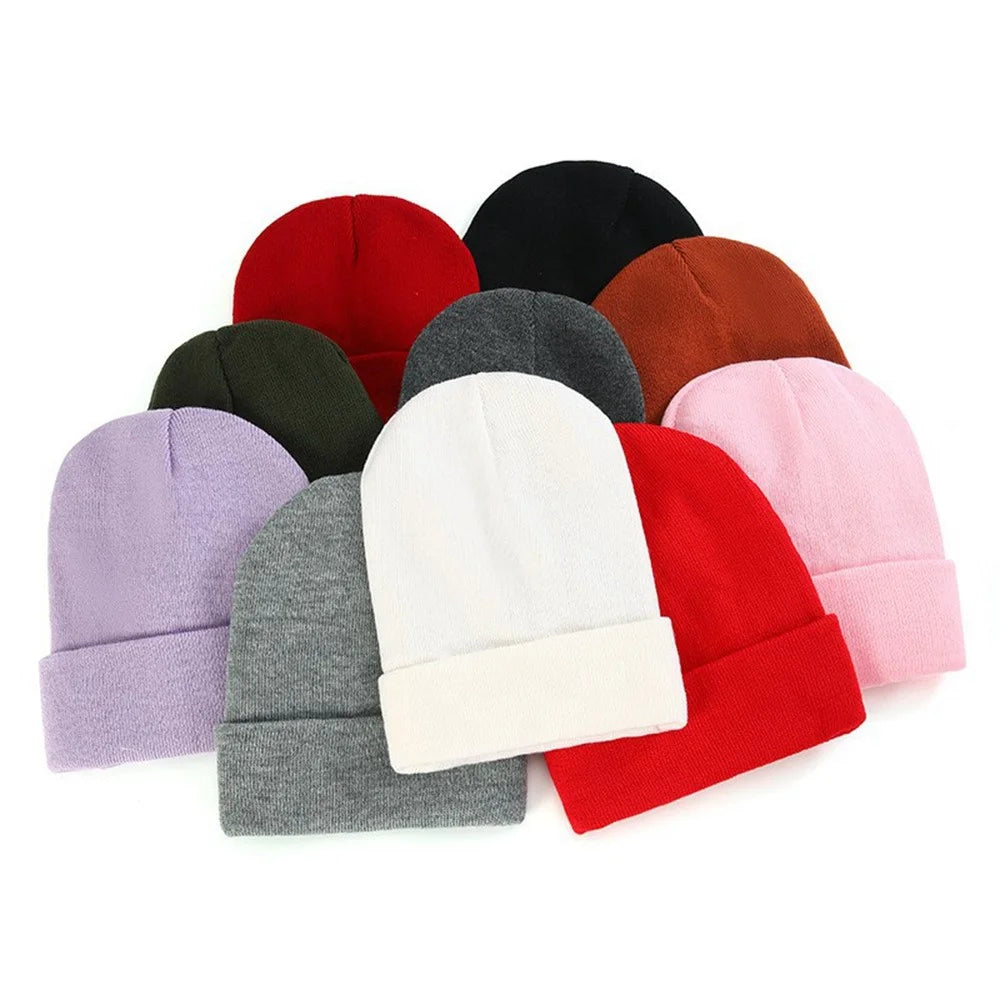 Autumn Winter Knitted Beanie Hat Satin Lining Solid Color Roll-up Edge Skullcap for Men Women - Black - 2