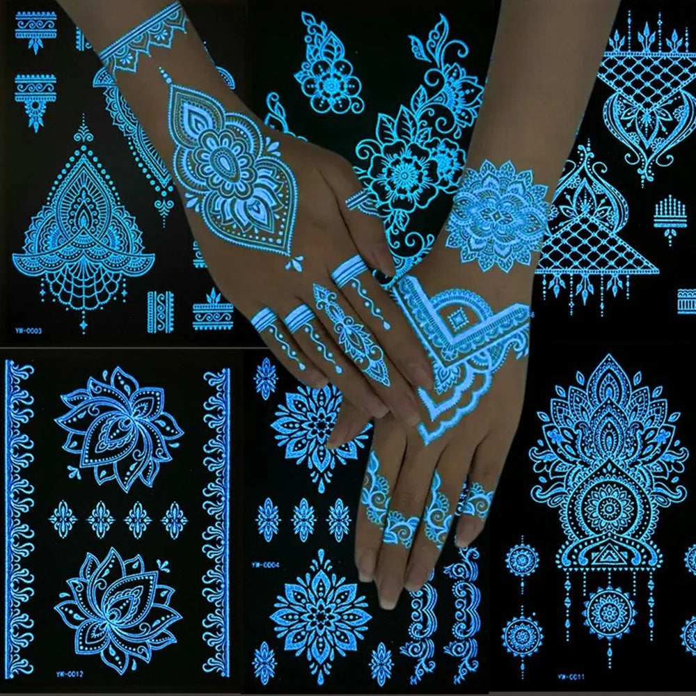 6Pcs / Set Luminous Indian Henna Lace Tattoo Stickers Gift Water Transfer Paper Temporary Tattoos for Body Art - YW-A - 6