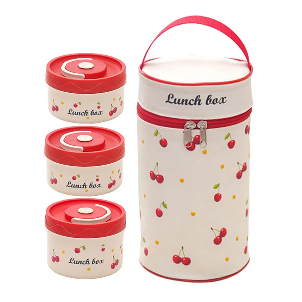 316 Stainless Steel Lunch Box Set with 600ML + 2Pcs 440ML + Insulated Bag Cherry Pattern Design for Students / Office Workers (No FDA) - 1