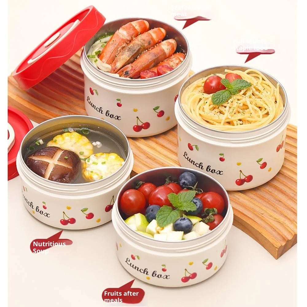 316 Stainless Steel Lunch Box Set with 600ML + 2Pcs 440ML + Insulated Bag Cherry Pattern Design for Students / Office Workers (No FDA) - 2
