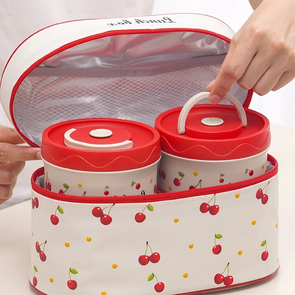 316 Stainless Steel Lunch Box Set with 600ML + 2Pcs 440ML + Insulated Bag Cherry Pattern Design for Students / Office Workers (No FDA) - 5