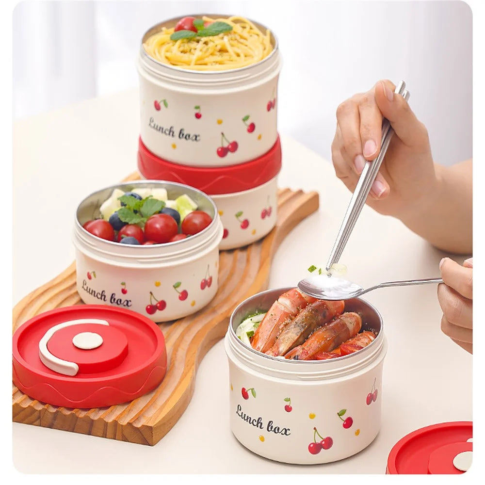 316 Stainless Steel Lunch Box Set with 600ML + 2Pcs 440ML + Insulated Bag Cherry Pattern Design for Students / Office Workers (No FDA) - 7