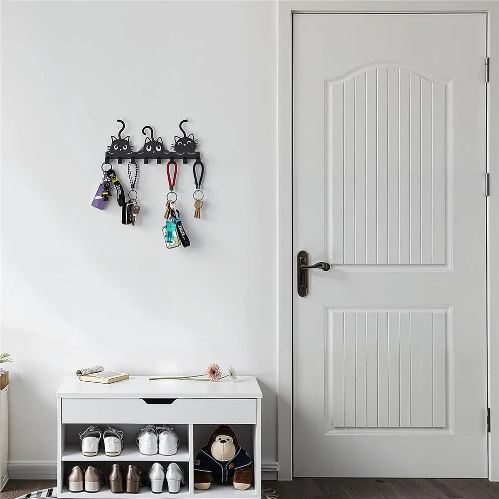 Animal Shaped Key Holder Wall Mount Hook Metal Iron Paw Print Hanger for Entryway Decorative Storage Organizer - Three Cats - 5