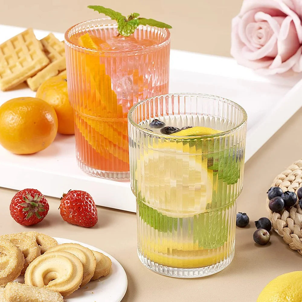 300ML Glass Cup 2Pcs Vertical Stripes Design Coffee Cup Minimalist Style for Cold Drinks / Juice (No FDA, BPA-Free) - 3