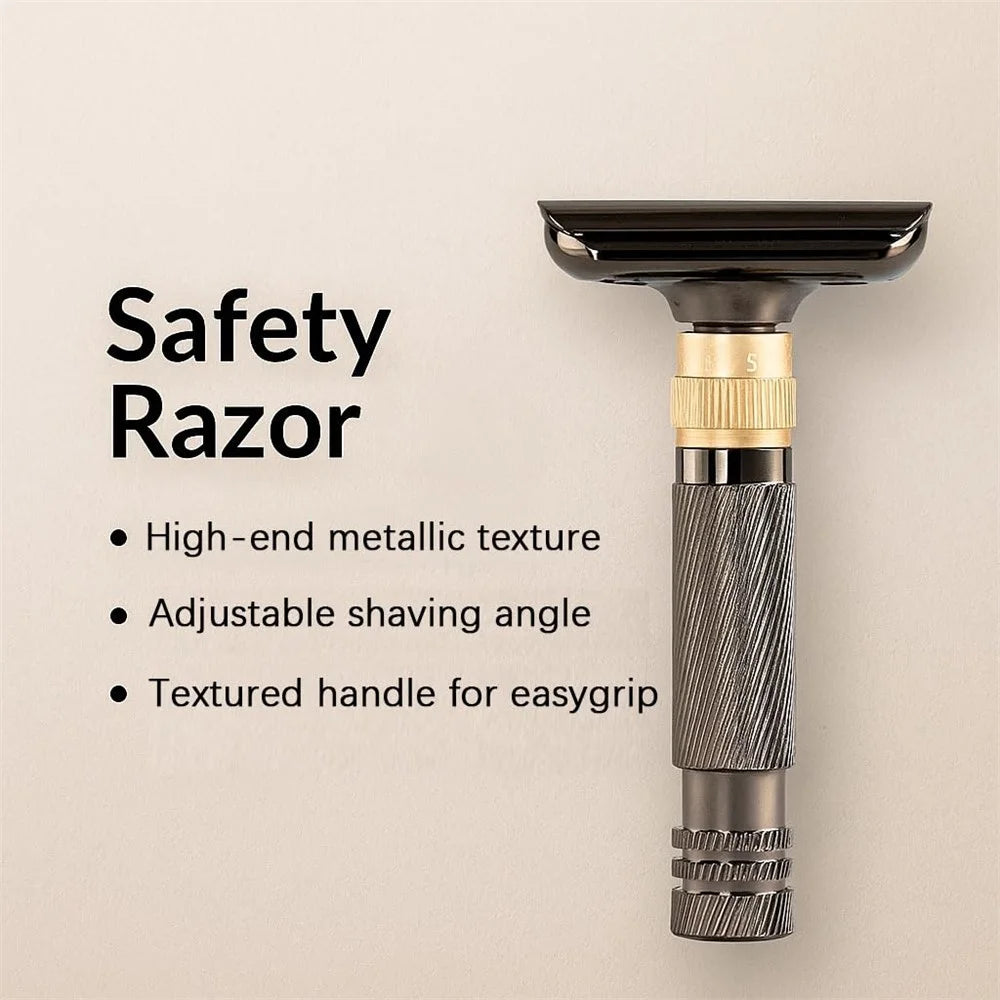 8-Speed Manual Adjustable Razor Double-Sided Safety Old-Fashioned Shaver with Base and 10 Replacement Blades - Glossy Black - 2