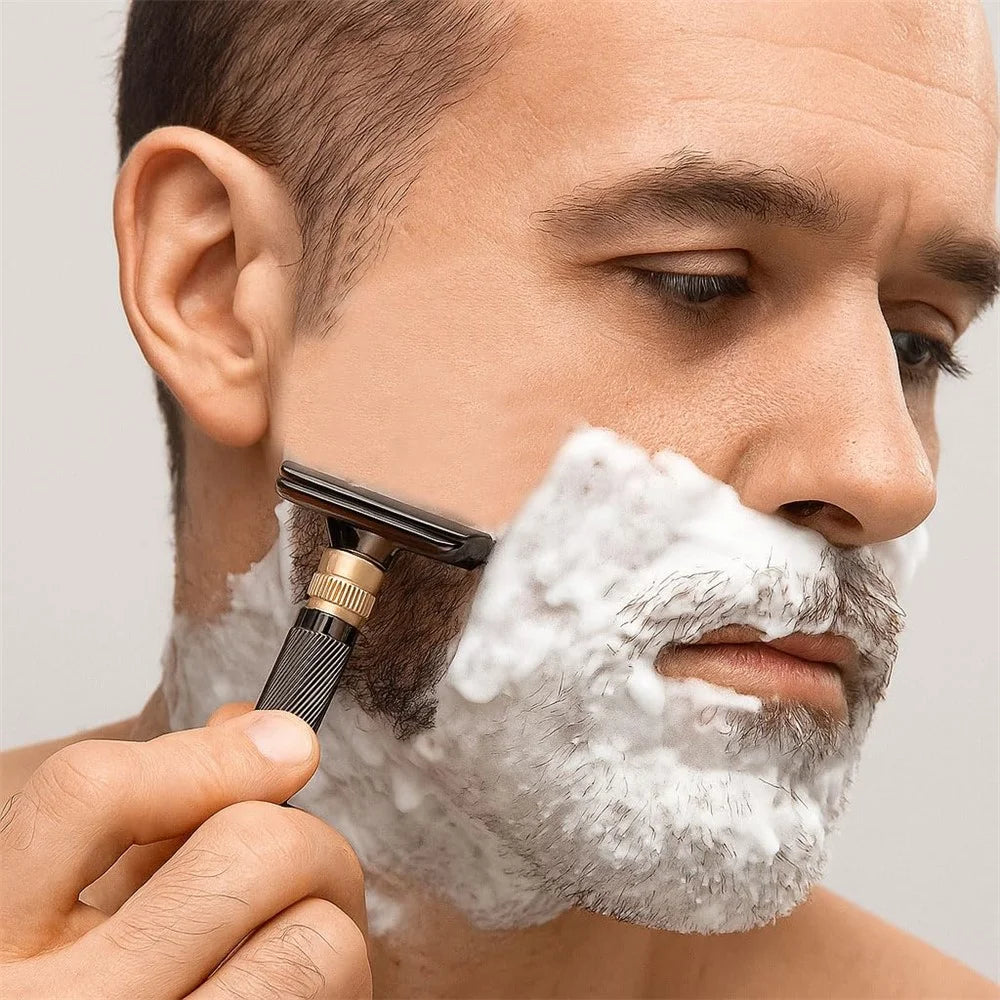 8-Speed Manual Adjustable Razor Double-Sided Safety Old-Fashioned Shaver with Base and 10 Replacement Blades - Glossy Black - 3