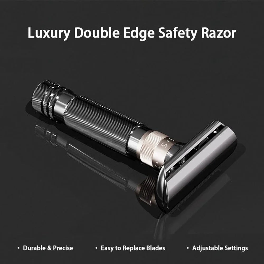 8-Speed Manual Adjustable Razor Double-Sided Safety Old-Fashioned Shaver with Base and 10 Replacement Blades - Glossy Black - 4