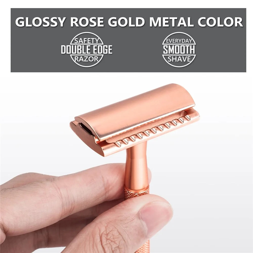 Men Manual Vintage Razor Ergonomic Metal Double-Sided Shaver with 10 Replacement Blades - Rose Gold - 4