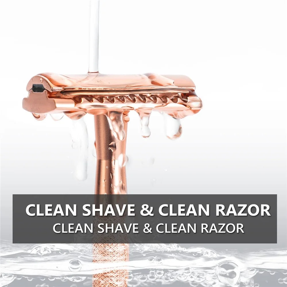Men Manual Vintage Razor Ergonomic Metal Double-Sided Shaver with 10 Replacement Blades - Rose Gold - 6