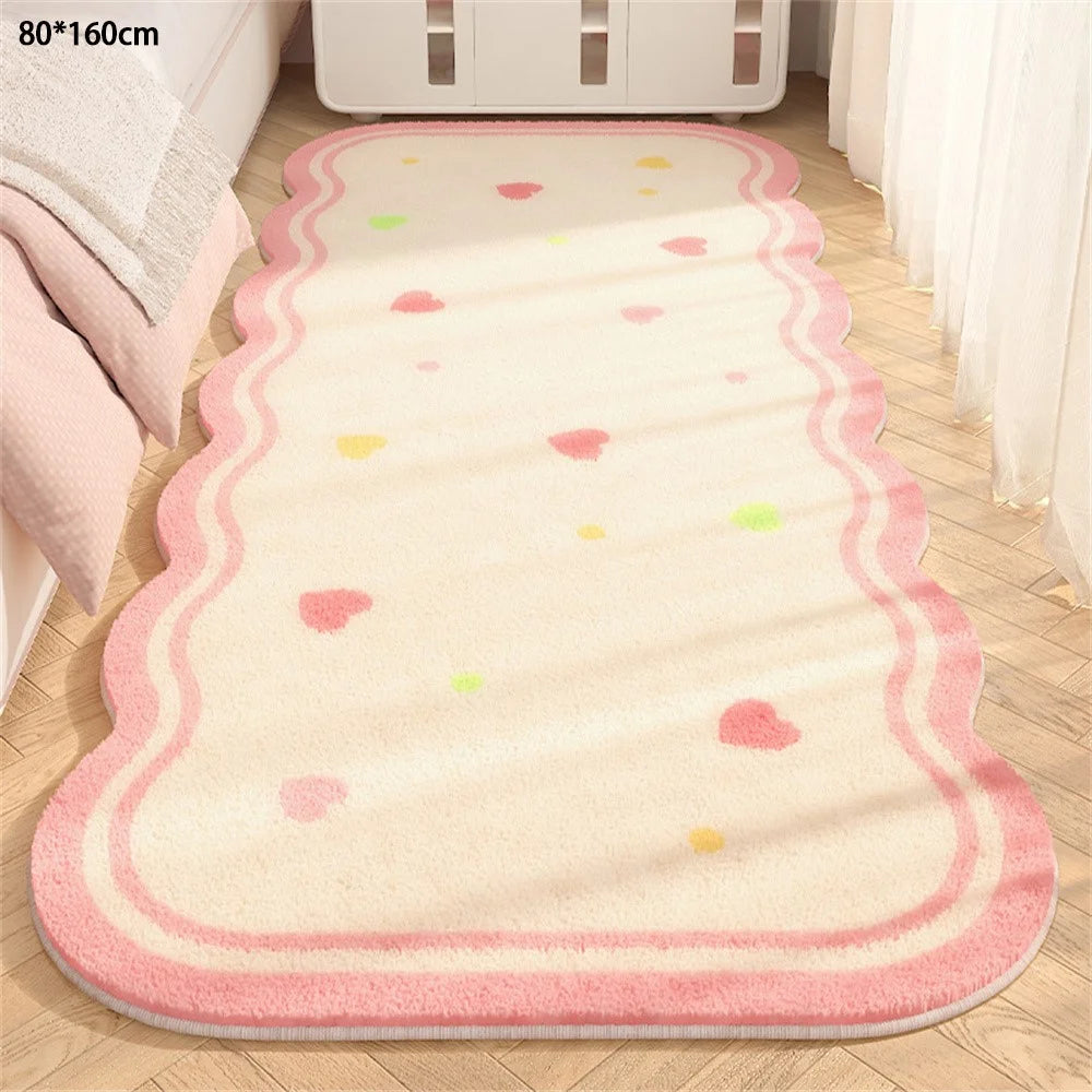 80 x 160cm Faux Cashmere Bedside Rug Soft Plush Floor Mat Bedroom Decor Anti Slip Washable - White Pink / Hearts - 1