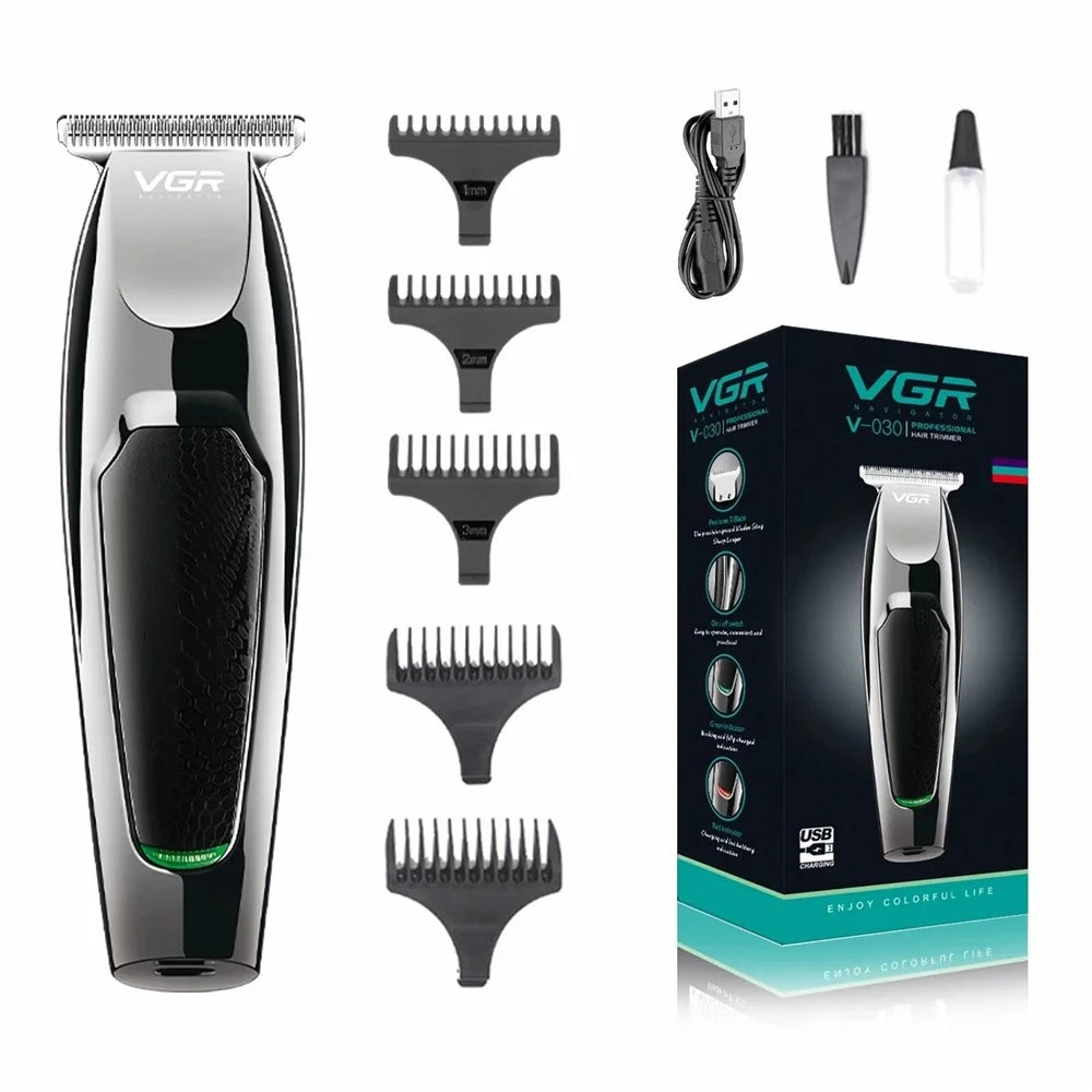 VGR V-030 Professional Hair Clipper USB Rechargeable Electric Hair Trimmer with 1 / 2 / 3 / 4 / 5mm Guide Combs - Black - 1