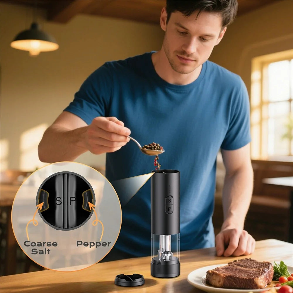 2 in 1 Electric Salt and Pepper Grinder USB Rechargeable Adjustable Coarseness Kitchen Spice Mill Shaker (BPA Free, No FDA) - Black - 7