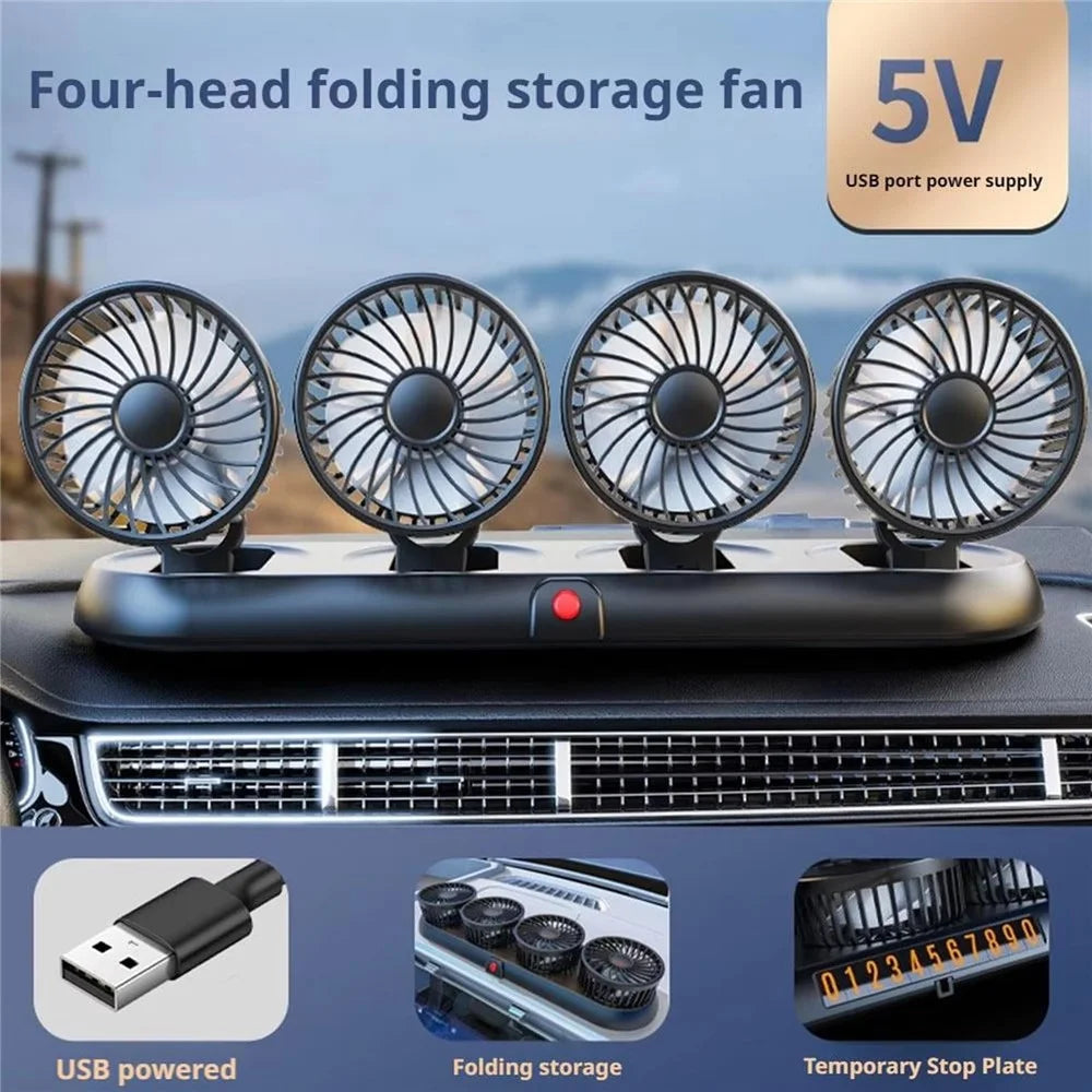 Four Head Folding Car Fan 360 Degree Rotation Auto Dashboard Cooling Fan for Vehicle Use - White / 5V USB Port - 4