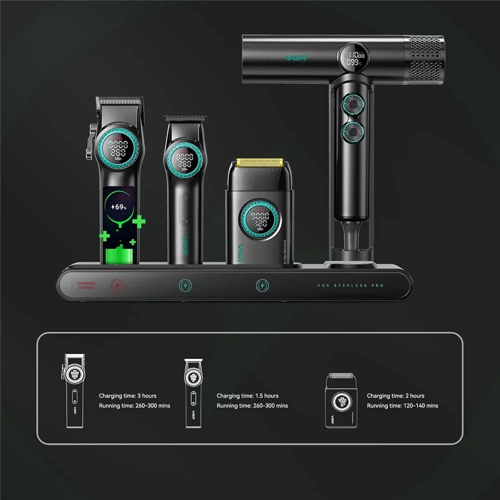 VGR 4 in 1 Professional Barber Combo Hair Clipper Beard Trimmer Foil Shaver Hair Dryer Set with Charging Dock - EU Plug / Black - 4