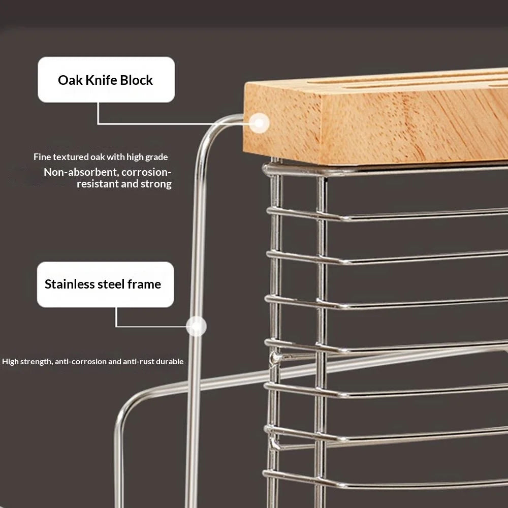 Stainless Steel Oak Knife Block Kitchen Knife Holder Storage Rack with Cutting Board Organizer Stand - 2