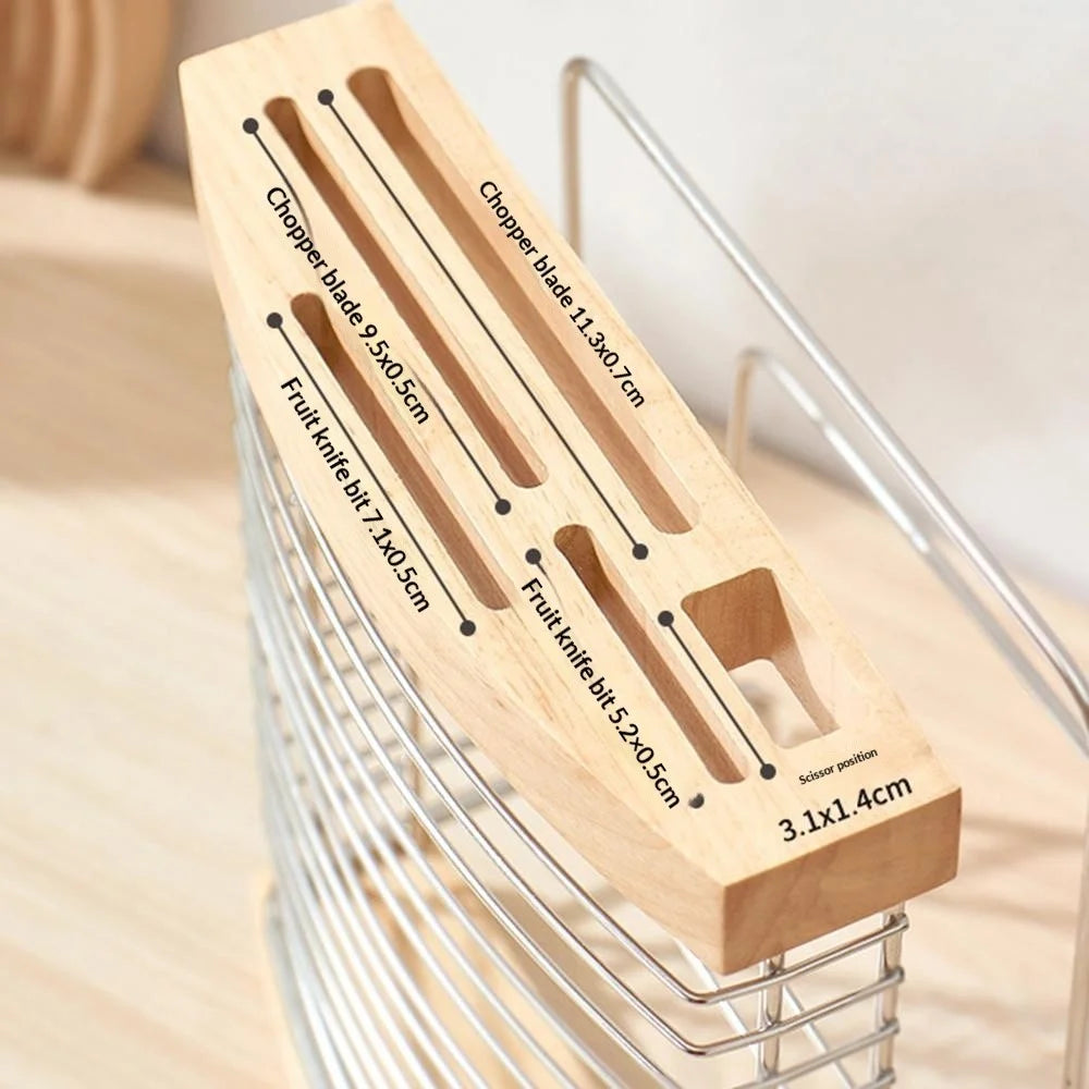 Stainless Steel Oak Knife Block Kitchen Knife Holder Storage Rack with Cutting Board Organizer Stand - 3