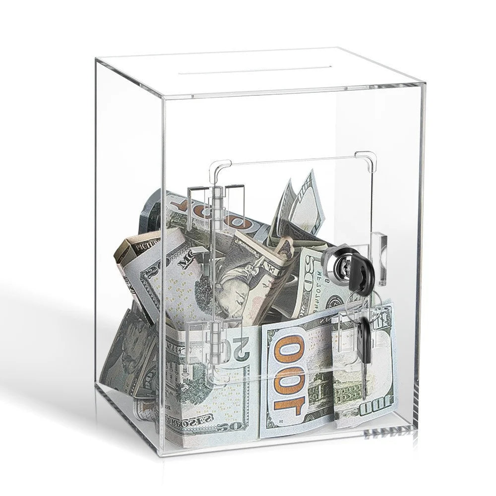 Clear Rectangular Money Box Acrylic Piggy Bank with Lock Key Saving Bank for Adult Kids - Transparent - 1