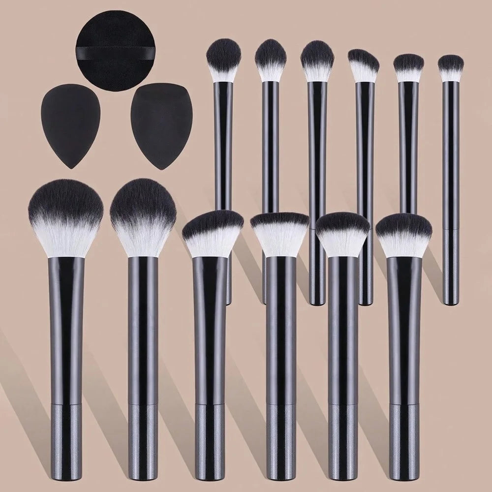 12Pcs Makeup Cosmetic Brush Set with 3 Puff Sponges Professional Long Handle Beauty Tools for Foundation Powder - Black - 2