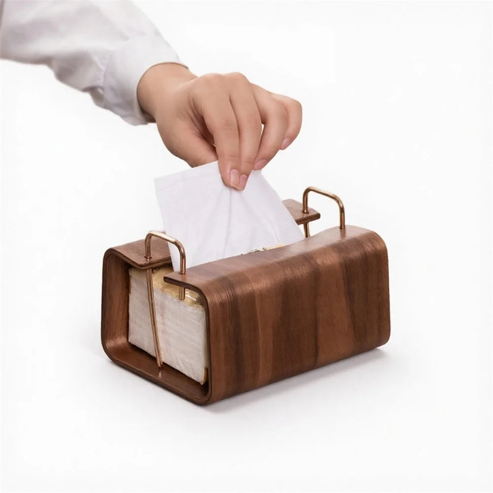 Retro Wooden Tissue Box Desktop Paper Dispenser with Metal Handles for Home Hotel Office - Square - 2