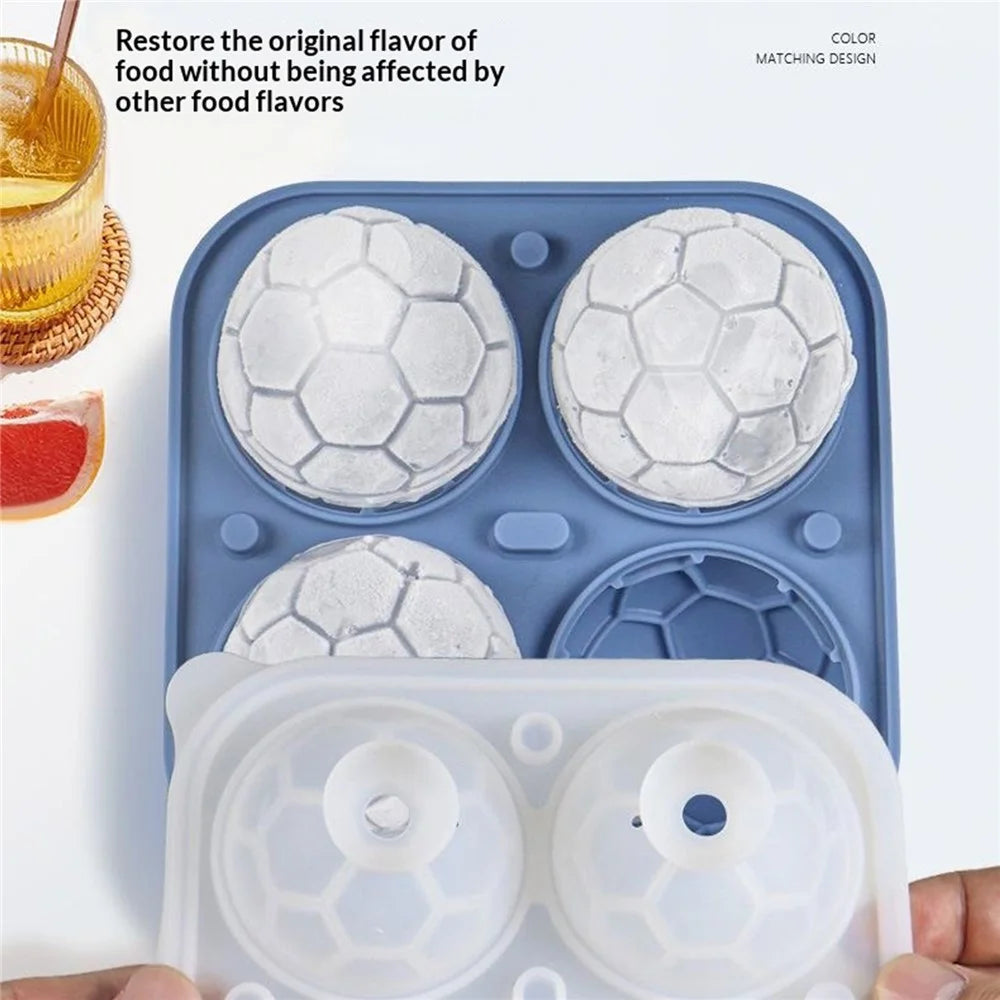 4-Grid Soccer Ball Shaped Silicone Ice Cube Mold Tray Football Shaped Food Grade Sphere Ice Maker with Lid for Drinks (BPA-Free, FDA Certified) - Blue - 4