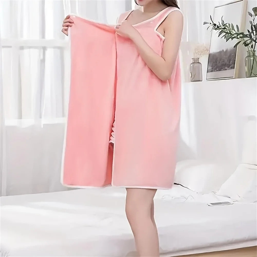 135x80cm Thickened Coral Fleece Bath Robe Absorbent Wearable Towel Wrap Bath Dress for Bathroom Home - Deep Pink - 5