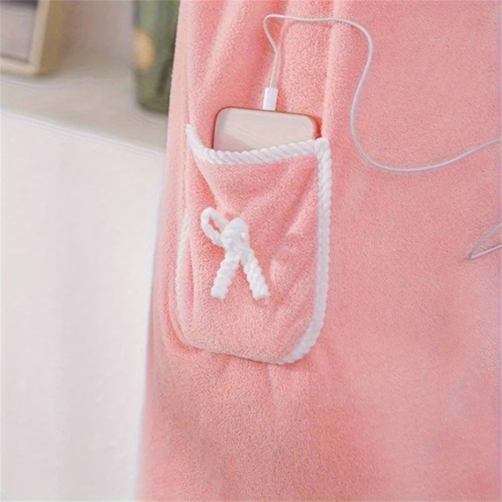 135x80cm Thickened Coral Fleece Bath Robe Absorbent Wearable Towel Wrap Bath Dress for Bathroom Home - Deep Pink - 6