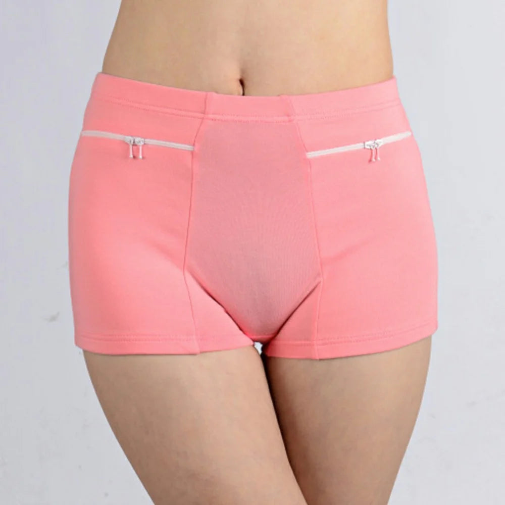 Women Cotton Safety Underwear High Waisted Non-magnetic Zipper Pocket Anti-theft Boxer Shorts - Pink / M - 1