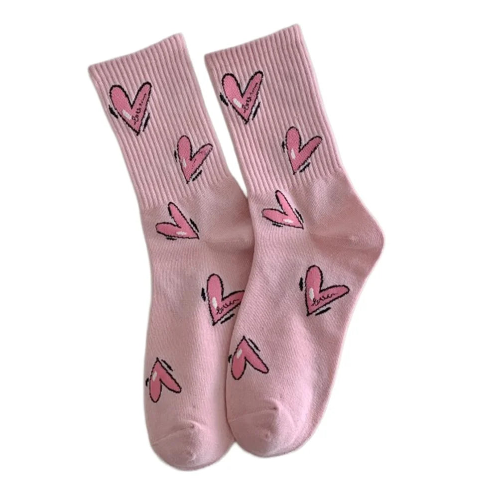 1 Pair Mid-Calf Socks Heart Pattern Women Cotton Blend Fashion Cute Crew Socks for Daily Wear - Pink / Heart Pattern - 1