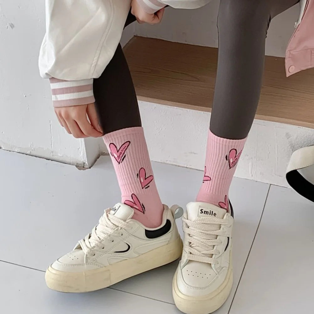 1 Pair Mid-Calf Socks Heart Pattern Women Cotton Blend Fashion Cute Crew Socks for Daily Wear - Pink / Heart Pattern - 4