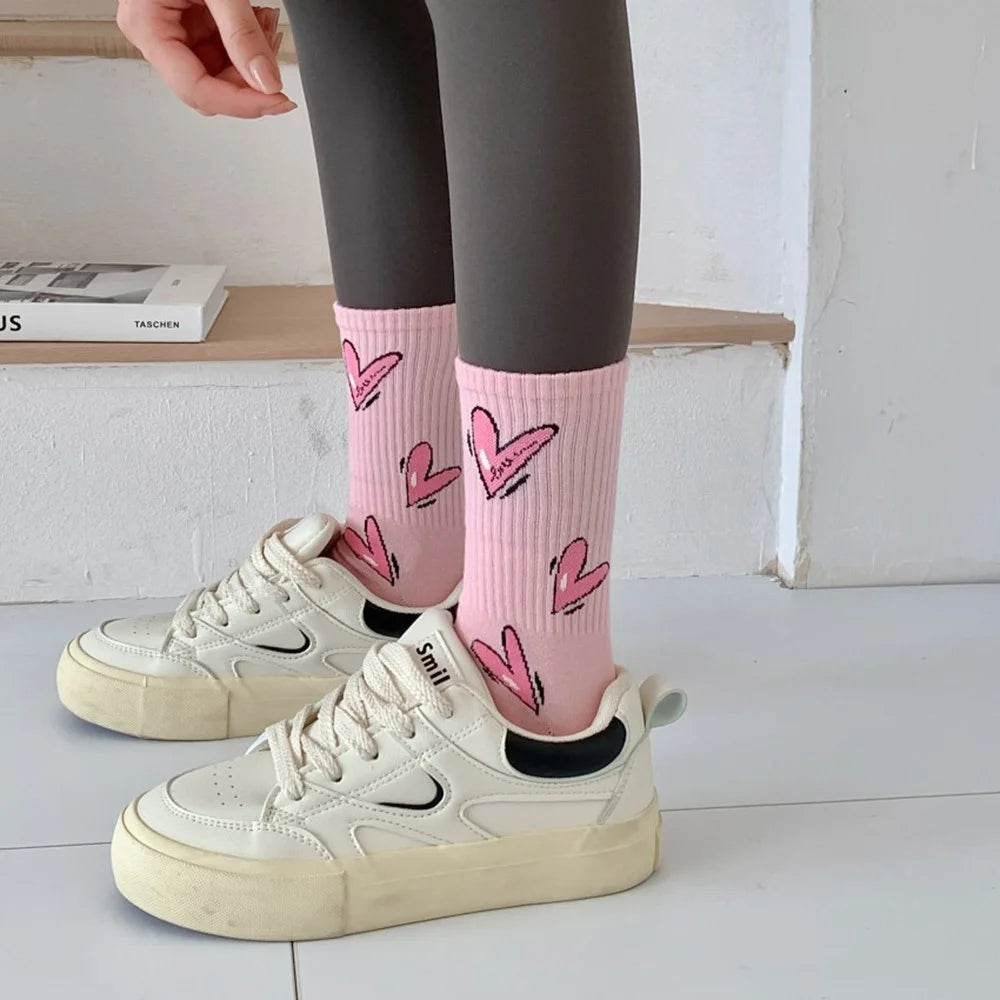 1 Pair Mid-Calf Socks Heart Pattern Women Cotton Blend Fashion Cute Crew Socks for Daily Wear - Pink / Heart Pattern - 6