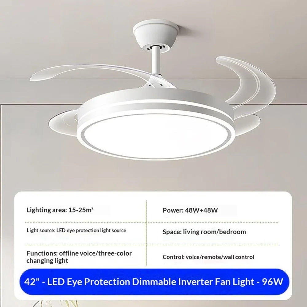 42 Inch Invisible Ceiling Fan Light 96W Dimmable 3 Color Temperature Quiet LED Lamp for Living Room Bedroom - Round / White - 2