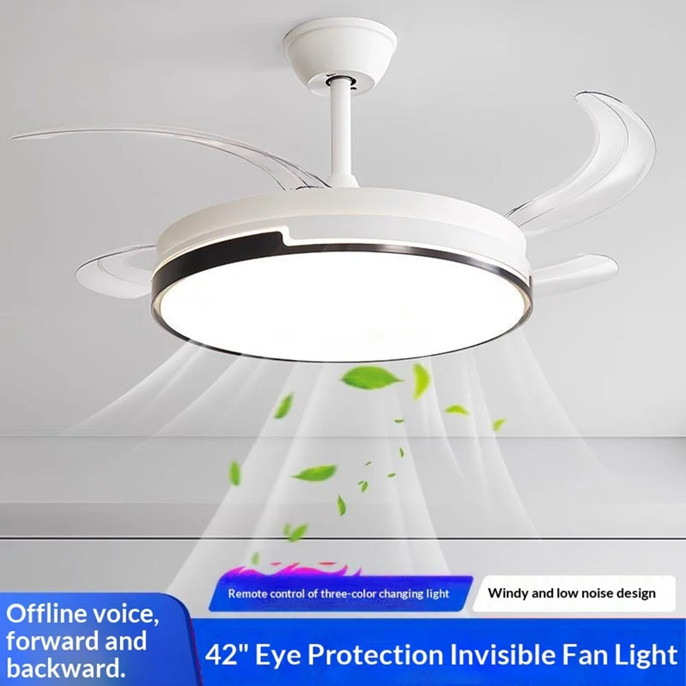 42 Inch Invisible Ceiling Fan Light 96W Dimmable 3 Color Temperature Quiet LED Lamp for Living Room Bedroom - Round / White - 4