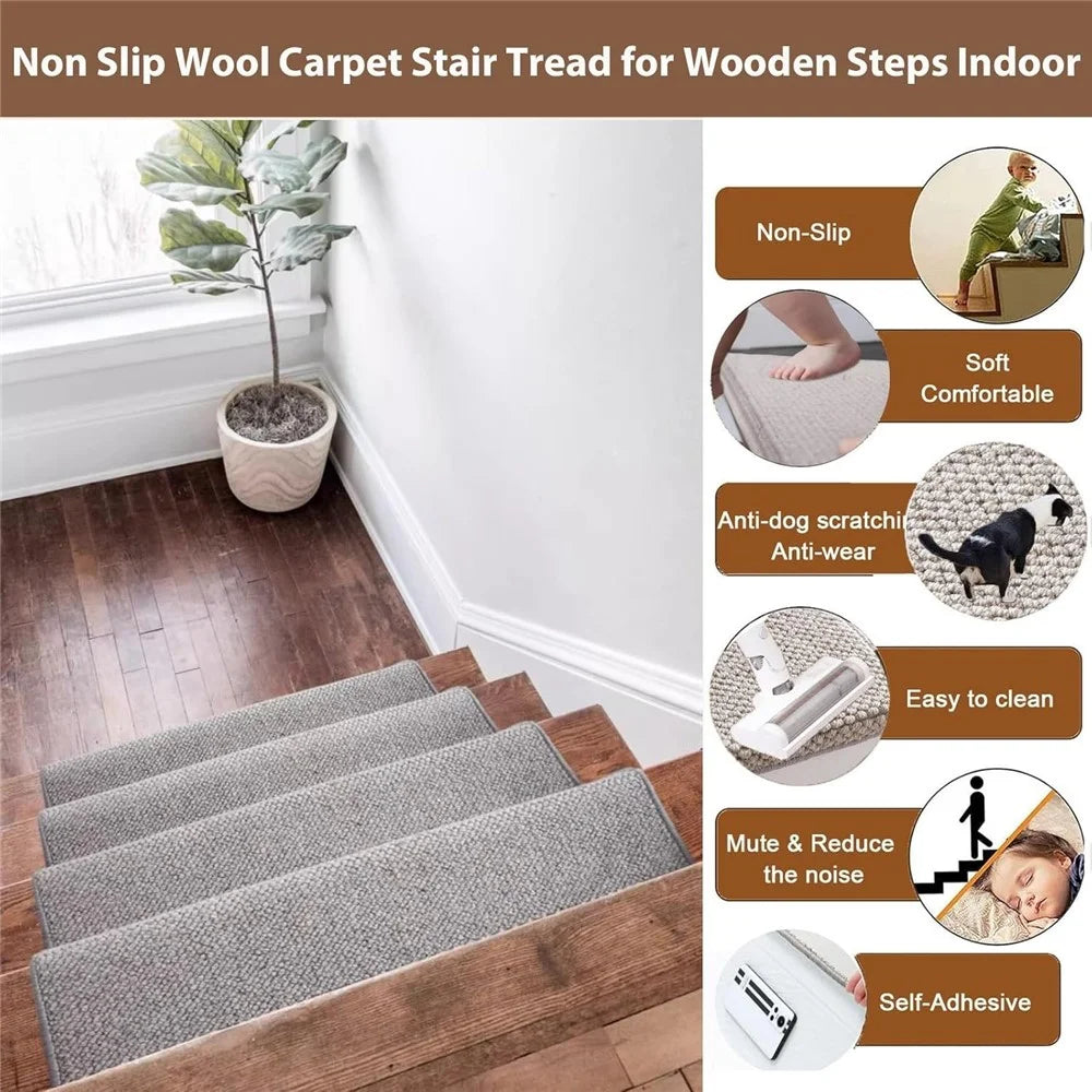80x24cm Wool Stair Treads Self-Adhesive Non-Slip Carpet Runner Stair Protector Staircase Step Cover for Indoor - Beige / Rectangle - 2
