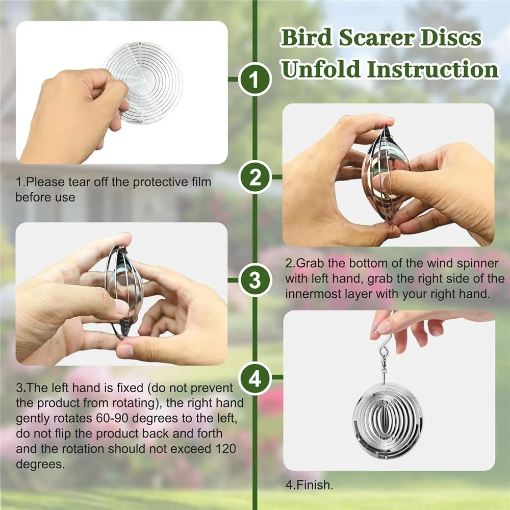12Pcs 3D Stainless Steel Reflective Bird Scare Discs Wind Spinner Garden Decor for Outdoor Yard Orchard - 6