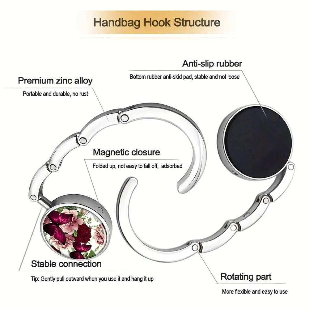 Magnetic Foldable Table Hook Handbag Hanger Desk Edge Clip Portable Hook for Office Home Organization - Flower Butterfly / White - 2