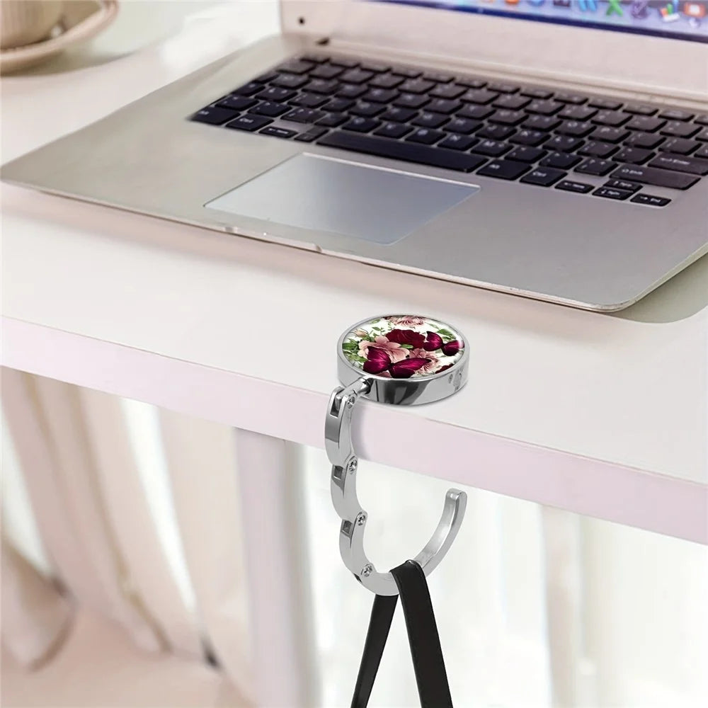 Magnetic Foldable Table Hook Handbag Hanger Desk Edge Clip Portable Hook for Office Home Organization - Flower Butterfly / White - 3
