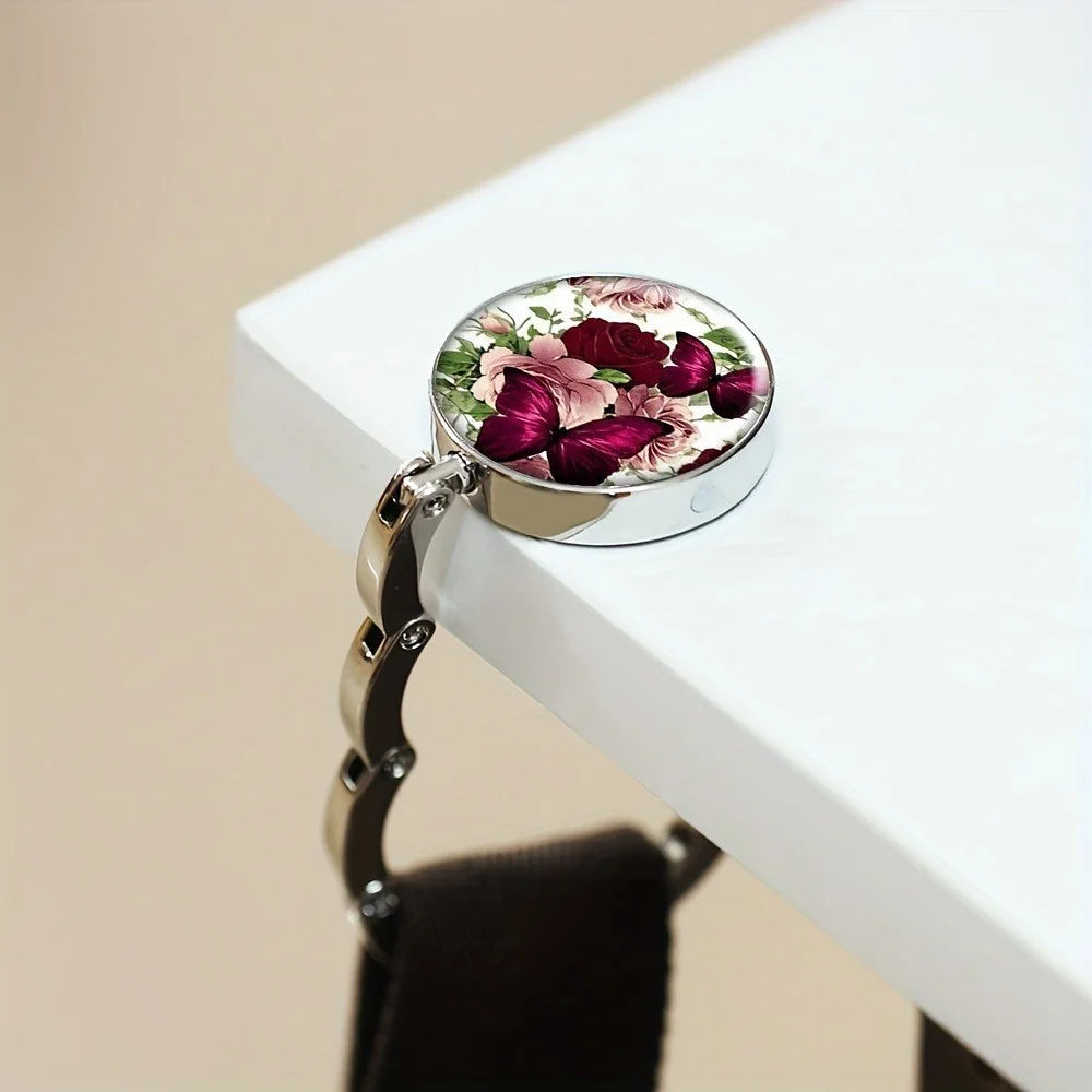 Magnetic Foldable Table Hook Handbag Hanger Desk Edge Clip Portable Hook for Office Home Organization - Flower Butterfly / White - 4
