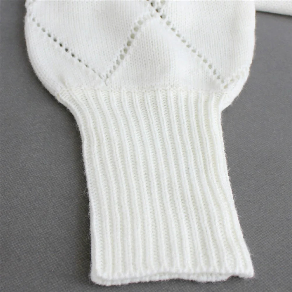Women Hollow Out Knit Crop Cardigan Sweater Short Lantern Sleeve Top Diamond Pattern Breathable Sweater - S - 5