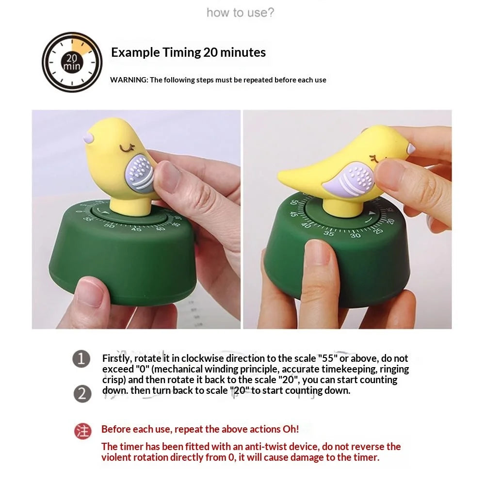 Bird-Shaped Mechanical Timer 60min Kitchen Desktop Timer Countdown Clock for Study Cooking - D Type / Blue Bird - 4