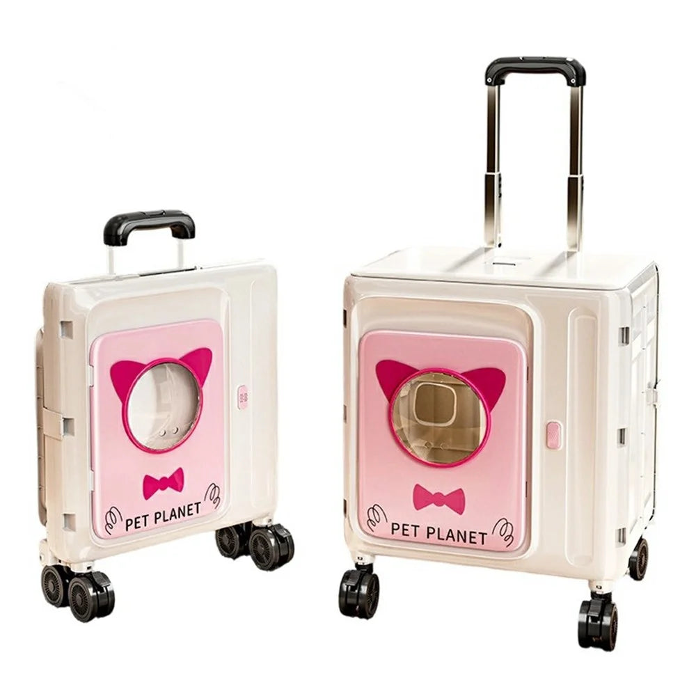 Pet Trolley Suitcase Foldable Portable 4-Wheels Transparent Breathable Cat Dog Carrier for Travel Outdoor - White / Pink - 1