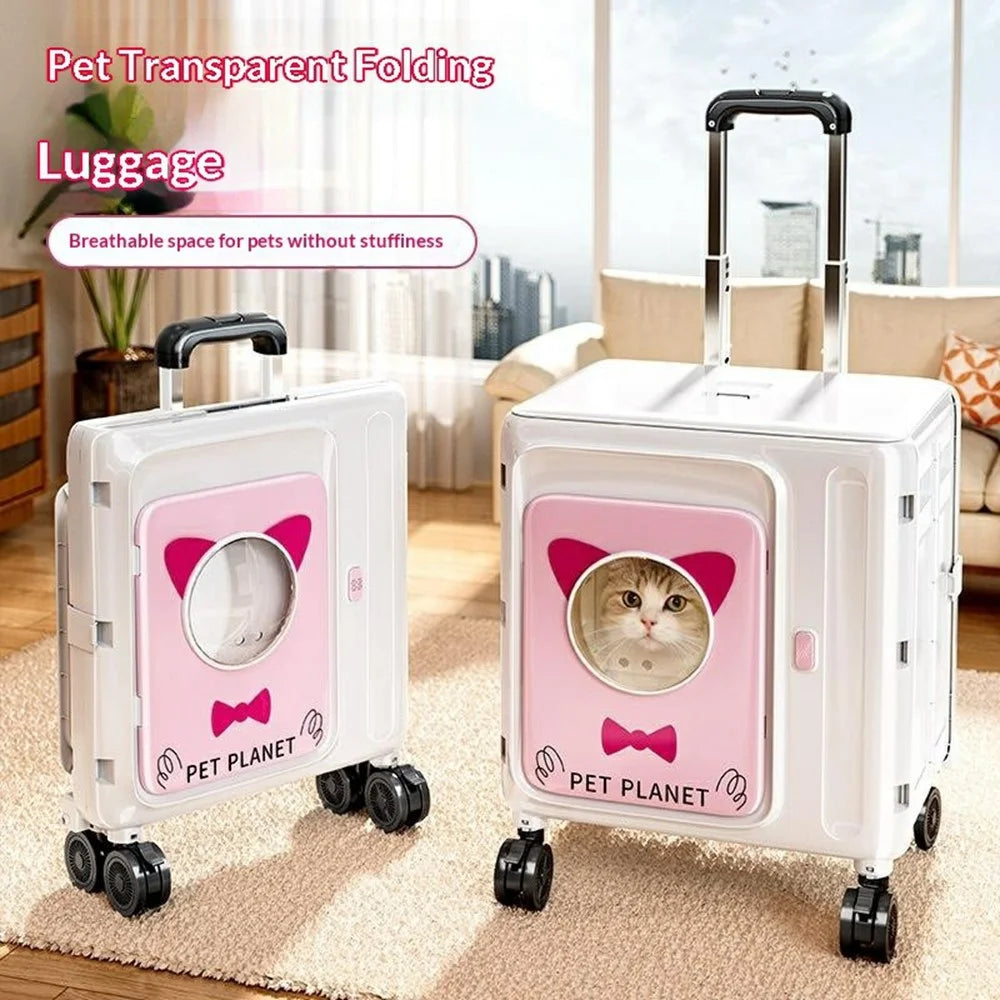 Pet Trolley Suitcase Foldable Portable 4-Wheels Transparent Breathable Cat Dog Carrier for Travel Outdoor - White / Pink - 2
