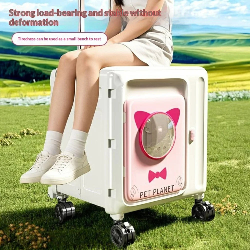 Pet Trolley Suitcase Foldable Portable 4-Wheels Transparent Breathable Cat Dog Carrier for Travel Outdoor - White / Pink - 3