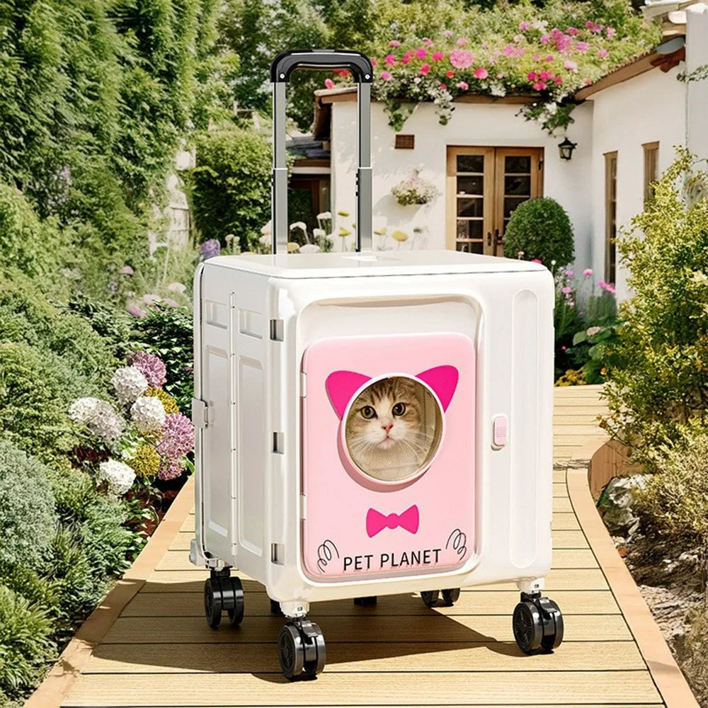 Pet Trolley Suitcase Foldable Portable 4-Wheels Transparent Breathable Cat Dog Carrier for Travel Outdoor - White / Pink - 5